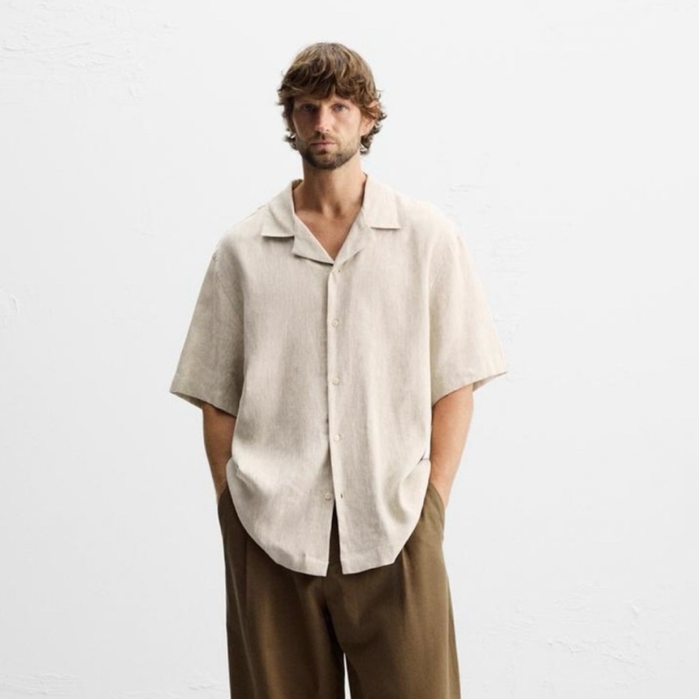 Zara Tan Short Sleeve Button-Up Linen Shirt - Picture 7 of 8